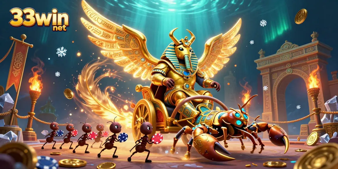 Join the excitement at 33win net with a vibrant casino scene showcasing a golden scarab beetle and thrilling game elements.
