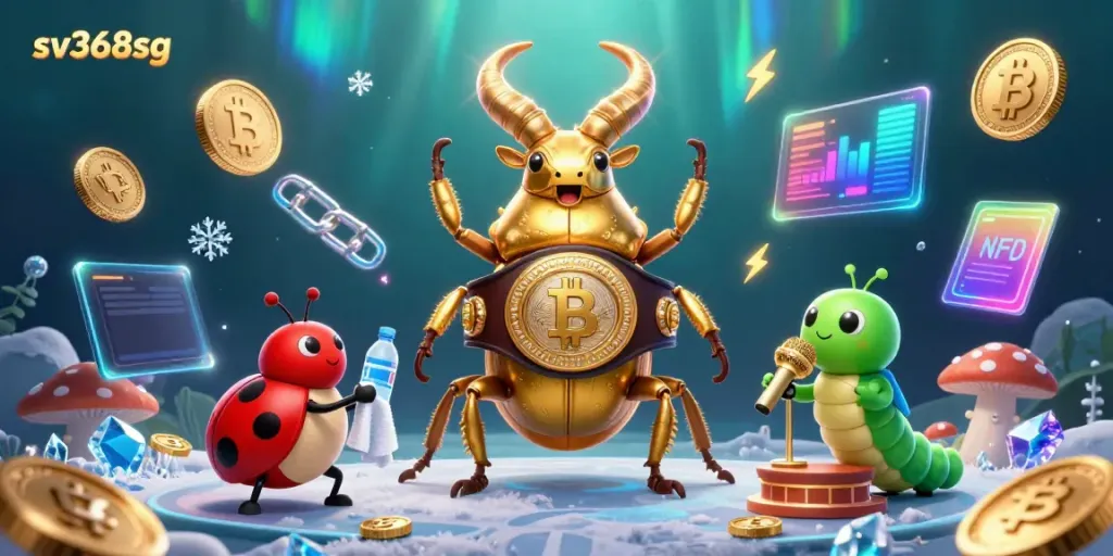 Engage with sv368sg's vibrant casino scene featuring animated characters, crypto coins, and lively gaming elements.