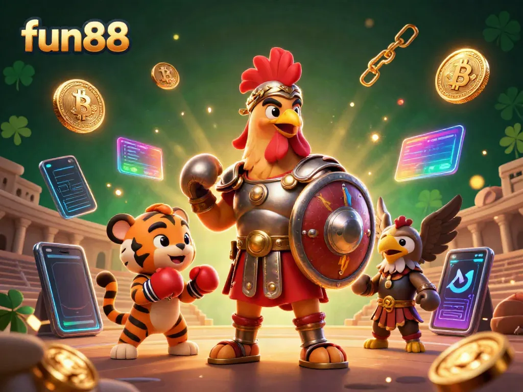 Join fun88's vibrant casino scene with a 3D gladiator rooster and crypto elements, enhancing your gaming experience.