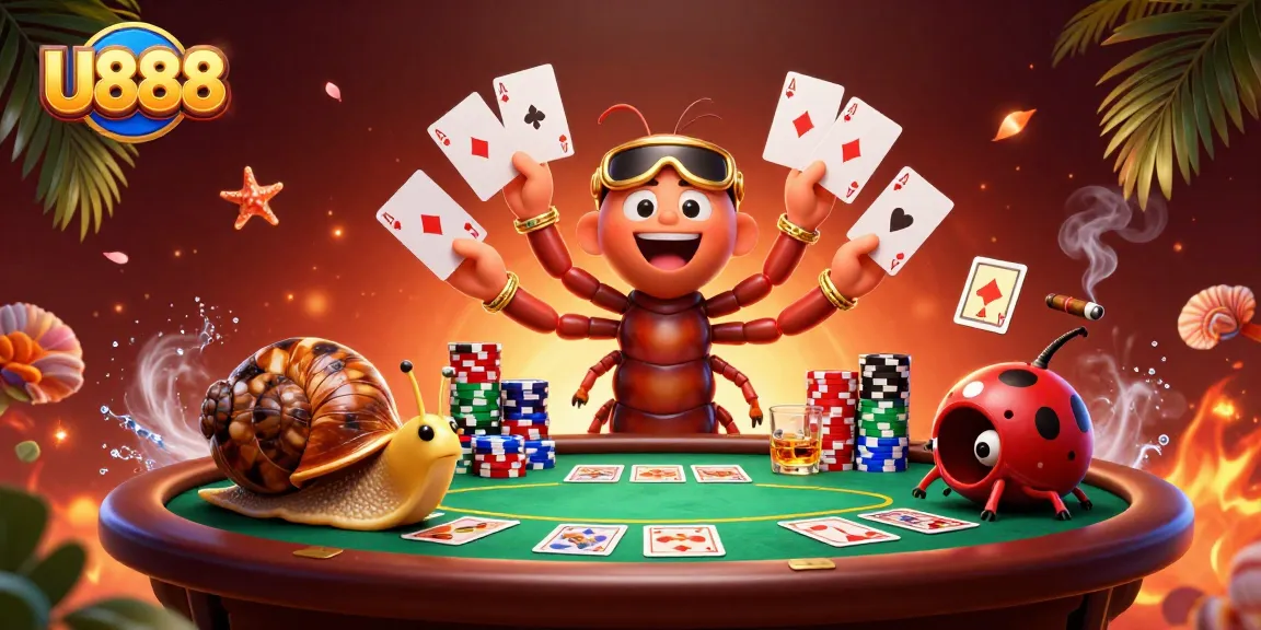 Play poker and explore U888's casino world with colorful 3D characters and vibrant gaming elements.