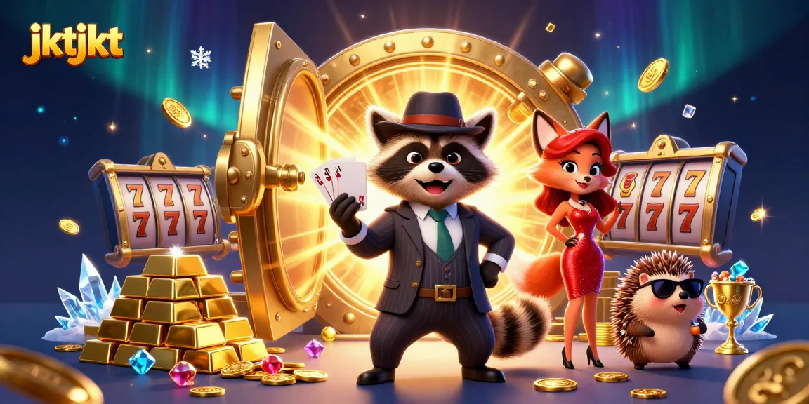 Gambar liburan casino jktjkt dengan karakter rakun, rubah, dan landak menikmati permainan slot yang mewah.