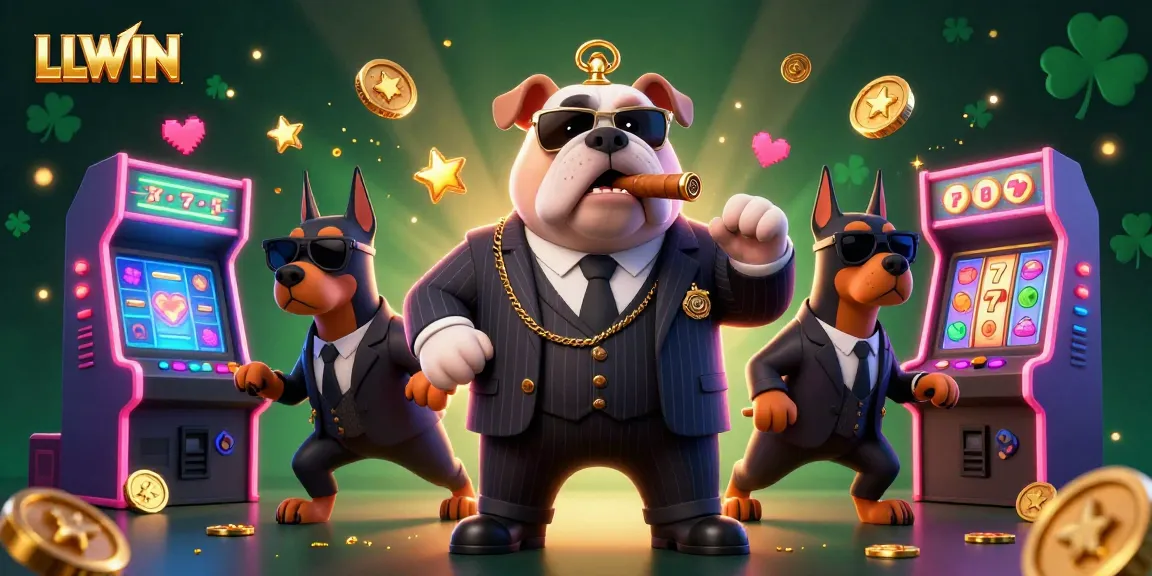 Experience thrilling slots at LLWIN with a lively scene featuring a mafia boss and his canine bodyguards.