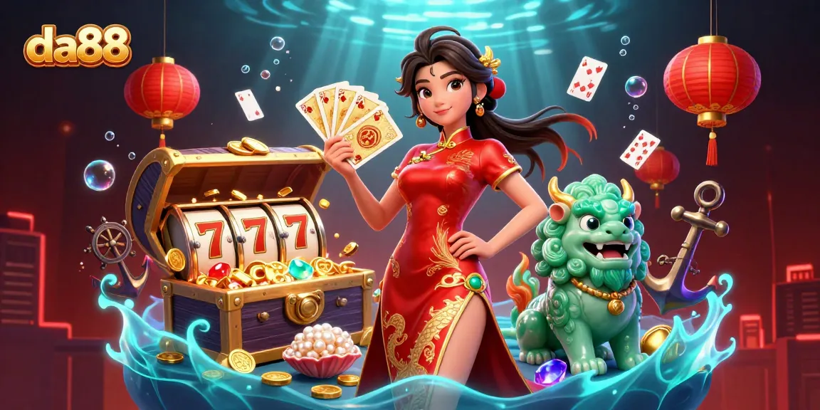 Join the excitement at da88 with a vibrant 3D casino scene featuring a woman in a qipao holding golden cards, slot reels, and treasures.