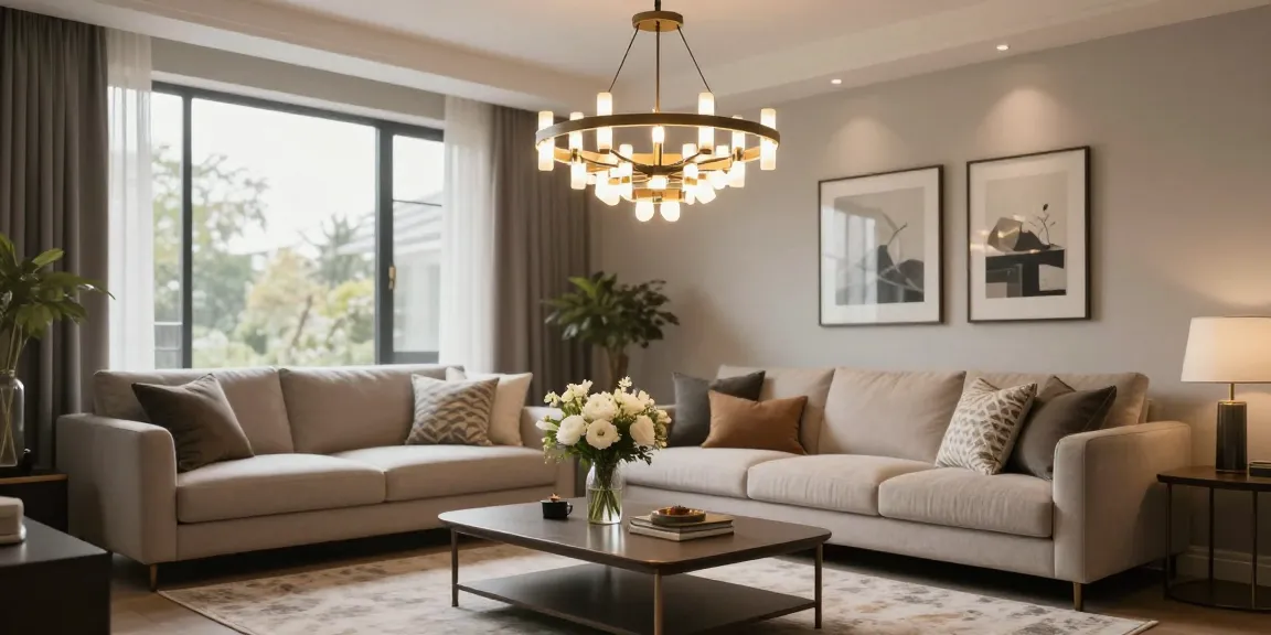 Candelabru LED modern în living elegant, iluminat natural, decor rafinat.