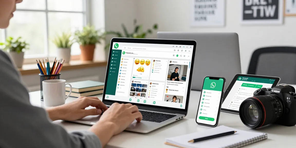 Dynamic workspace featuring WhatsApp網頁版 on laptop with chat interface and smartphone notifications.