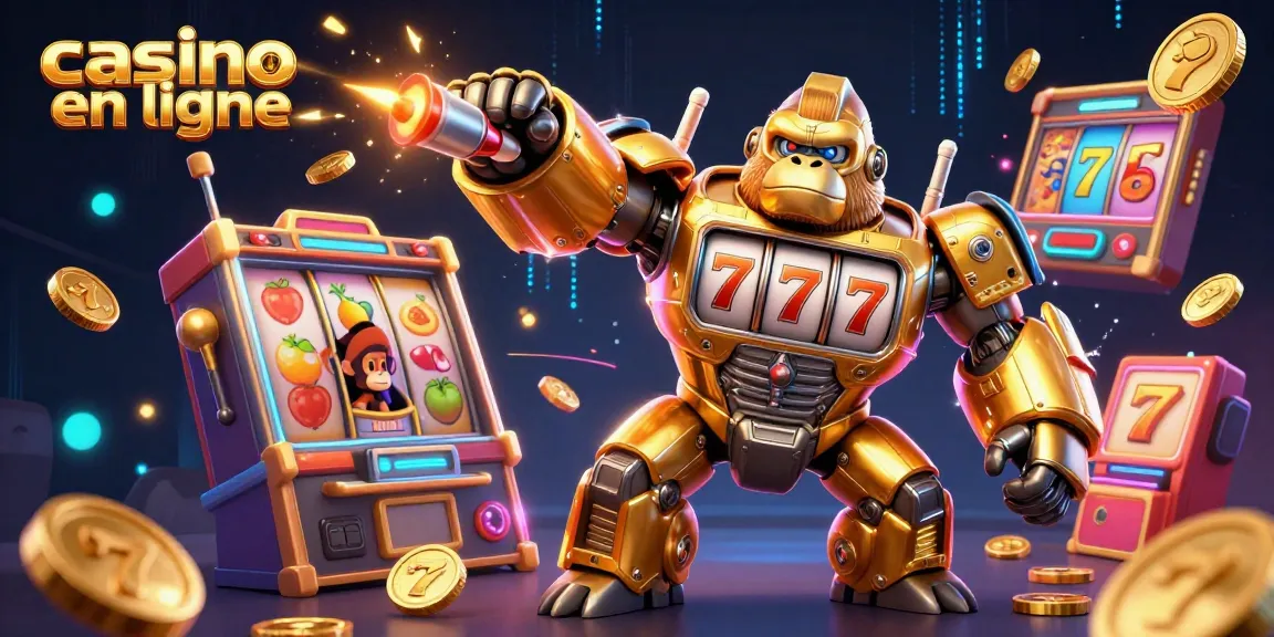 Visitez le casino en ligne avec un gorille mech doré et des machines à sous éclatantes.