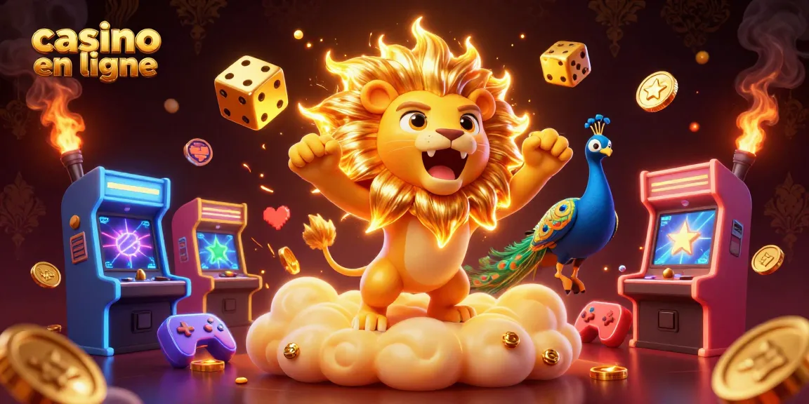 Profitez de jeux captivants au casino en ligne avec un lion en 3D et des dés géants au milieu d'une scène dynamique.