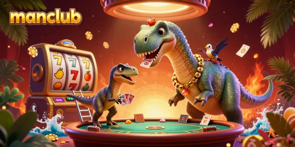 Engage in thrilling poker action with manclub featuring a giant brontosaurus overseeing the game.
