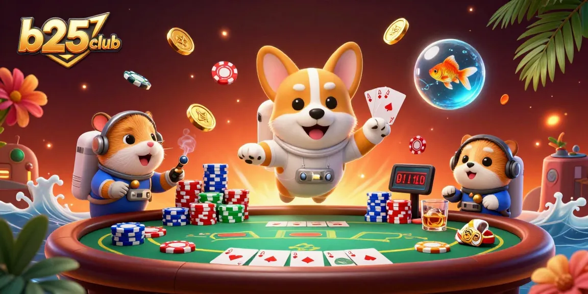 Join the excitement at b25club with a floating astronaut corgi in a vibrant casino scene.