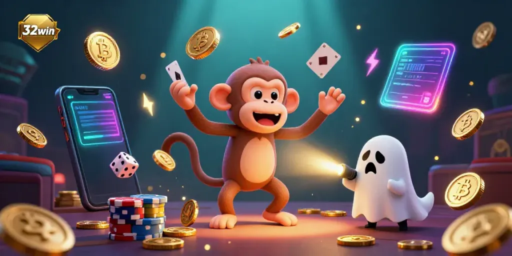 Experience the excitement of 32win as a poltergeist monkey juggles coins in a haunted casino scene.