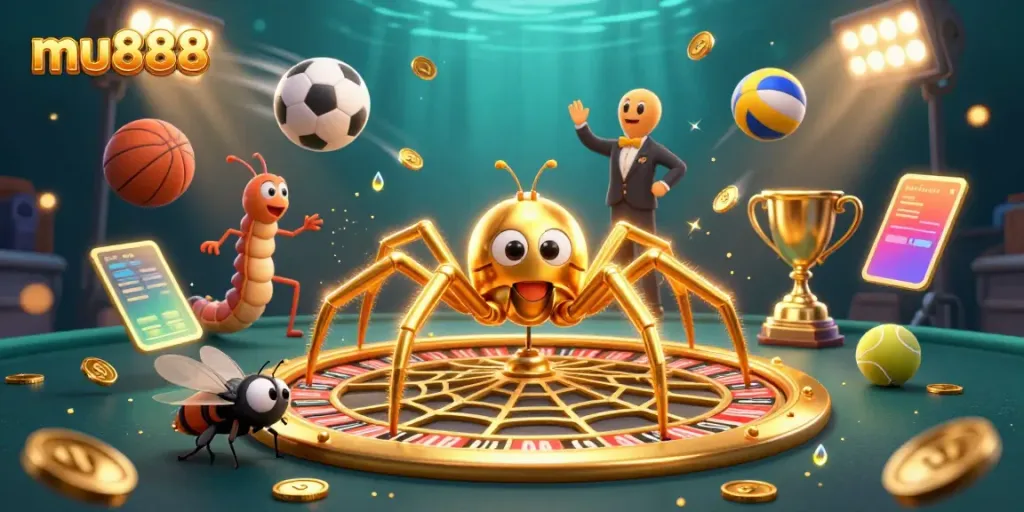 Engage in thrilling bets at mu888 with a vibrant casino scene featuring a golden spider dealer, sports elements, and dazzling effects.