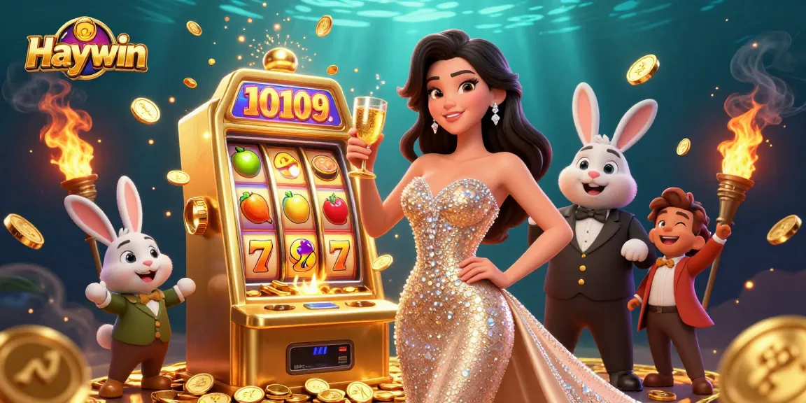 Engage with Haywin's online gaming excitement featuring a glamorous woman at a jackpot slot machine.