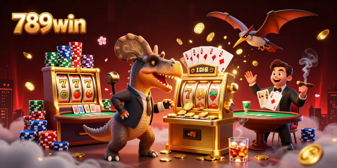 Experience big wins with 789win as a pachycephalosaurus triggers jackpot coins in a lively casino scene.