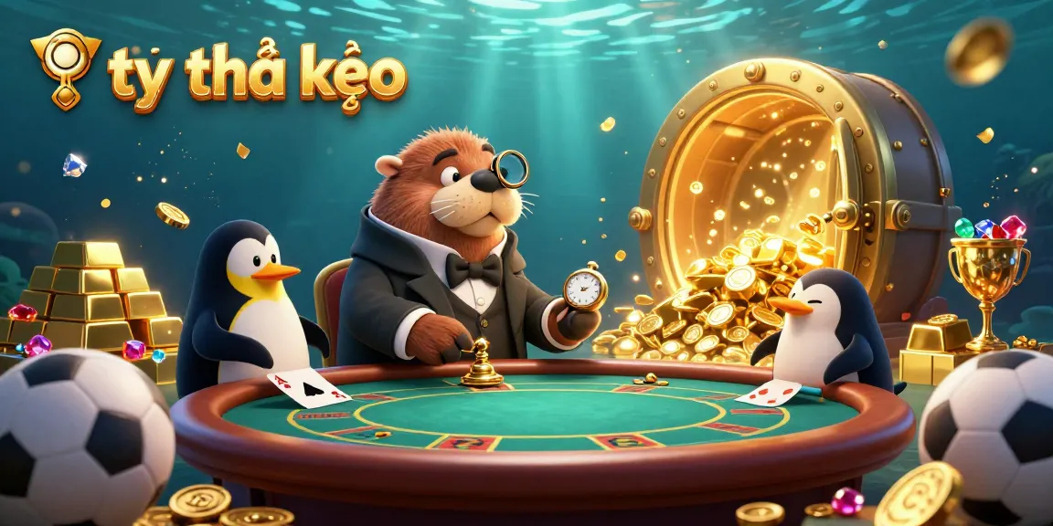 Bet on tỷ lệ kèo with a jolly walrus, sophisticated penguin dealer, and poker in an underwater casino setting.