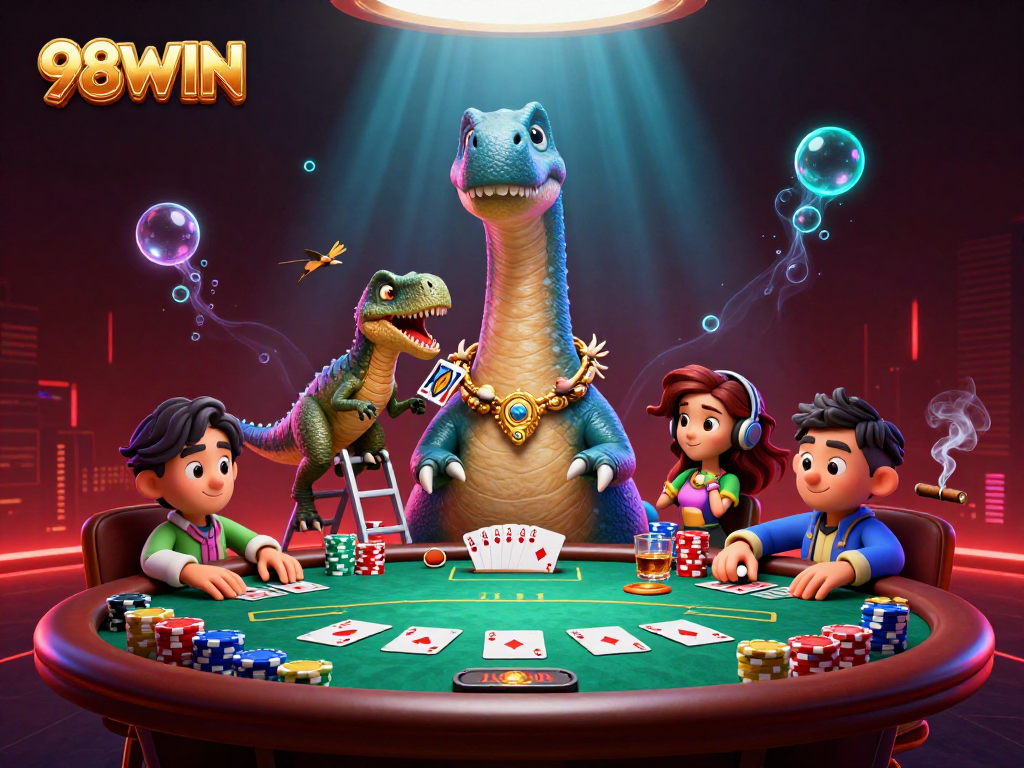 Engage in thrilling poker action at 98WIN with a towering brontosaurus overseeing the game.