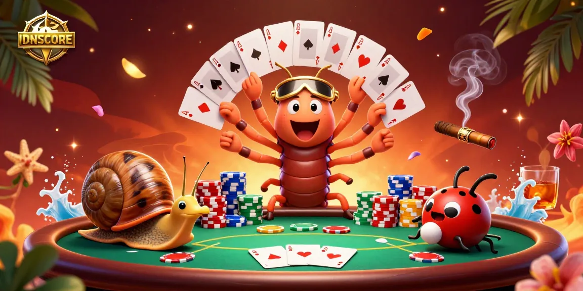 IDNSCORE showcases exciting gameplay with a vibrant dealer and high-roller scene at a poker table.