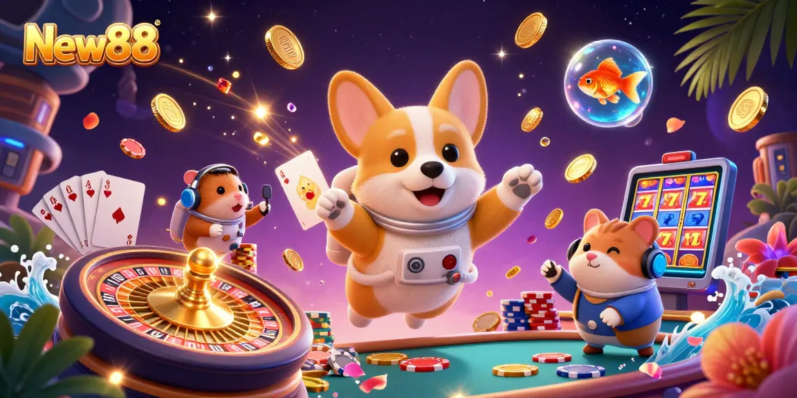 Experience New88's exhilarating casino adventure with dynamic 3D characters and vibrant gaming elements.