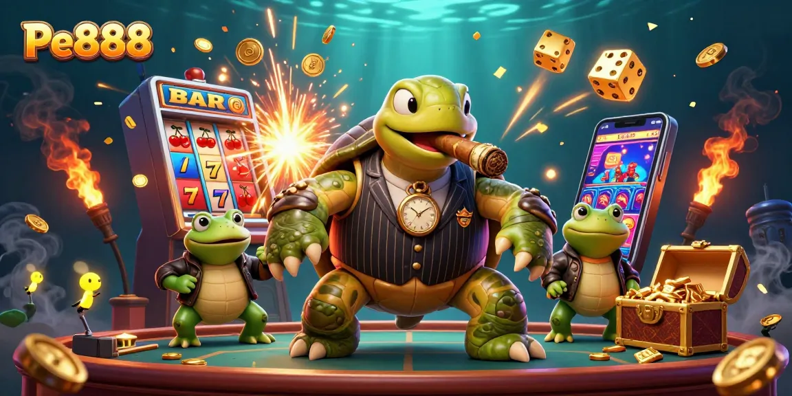 Experience winning excitement at Pe888 with a dynamic casino scene featuring a mobster turtle and vibrant slot symbols.