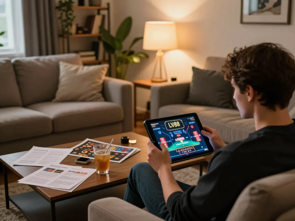 Engaged player analyzing LV88 online casino strategy on tablet with relaxed atmosphere