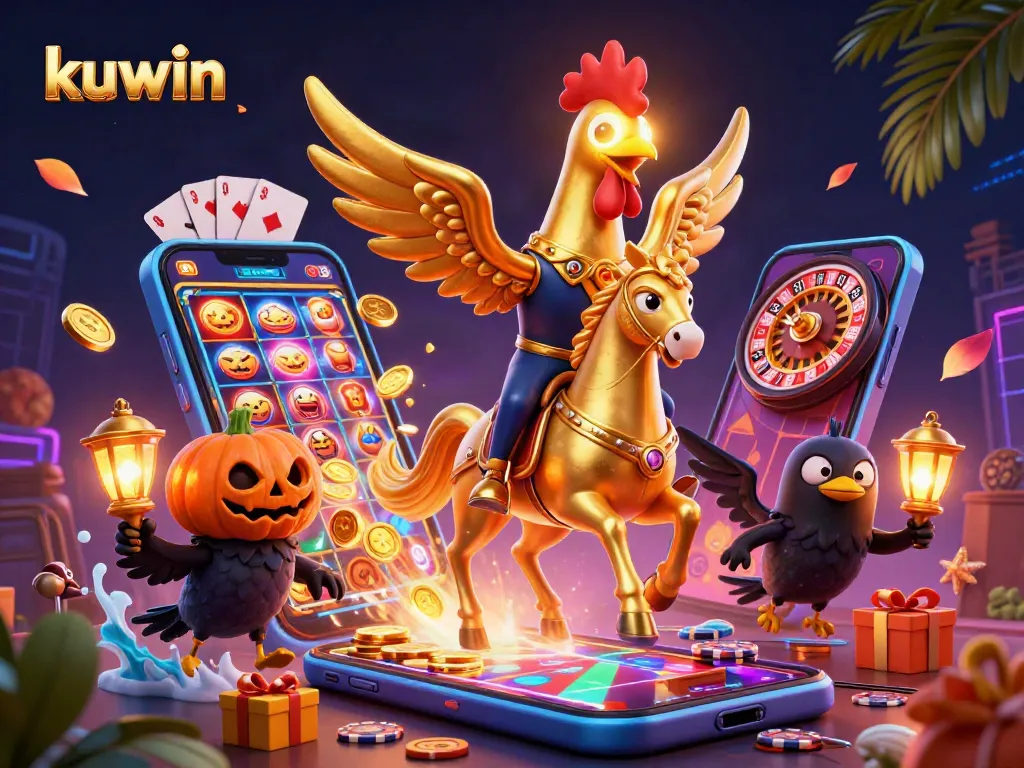 Experience thrilling gaming with kuwin's dynamic 3D illustration featuring casino elements and golden rooster.