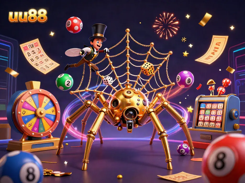 Engage with uu88's vibrant slots and games in this dynamic 3D casino illustration filled with excitement.
