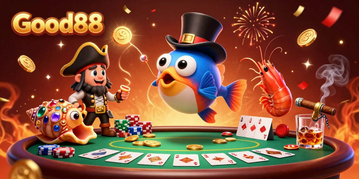 Good88 anglerfish attracting gold coins in a vibrant underwater casino scene filled with poker elements.