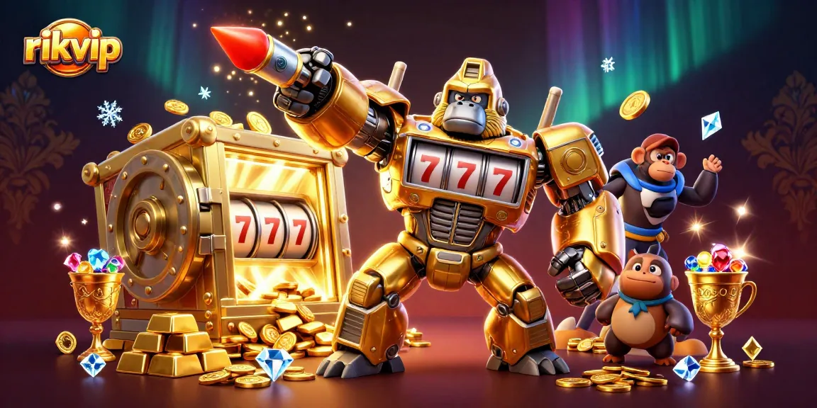 Experience thrilling gameplay at rikvip with a dynamic golden gorilla mech surrounded by riches.