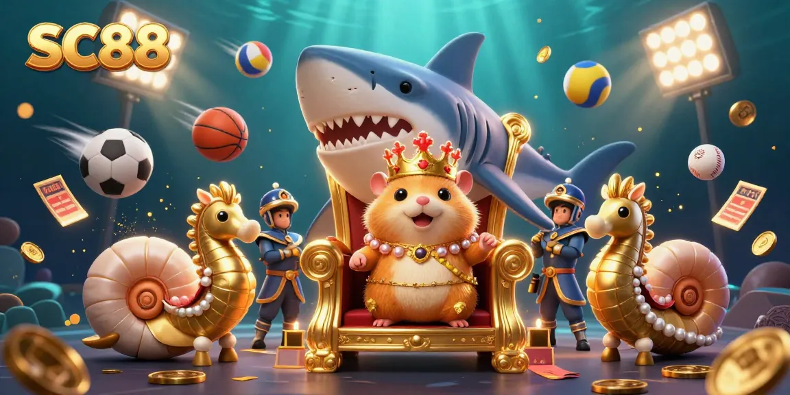 SC88 showcases an epic casino scene with a golden hamster king and dynamic sports betting elements.