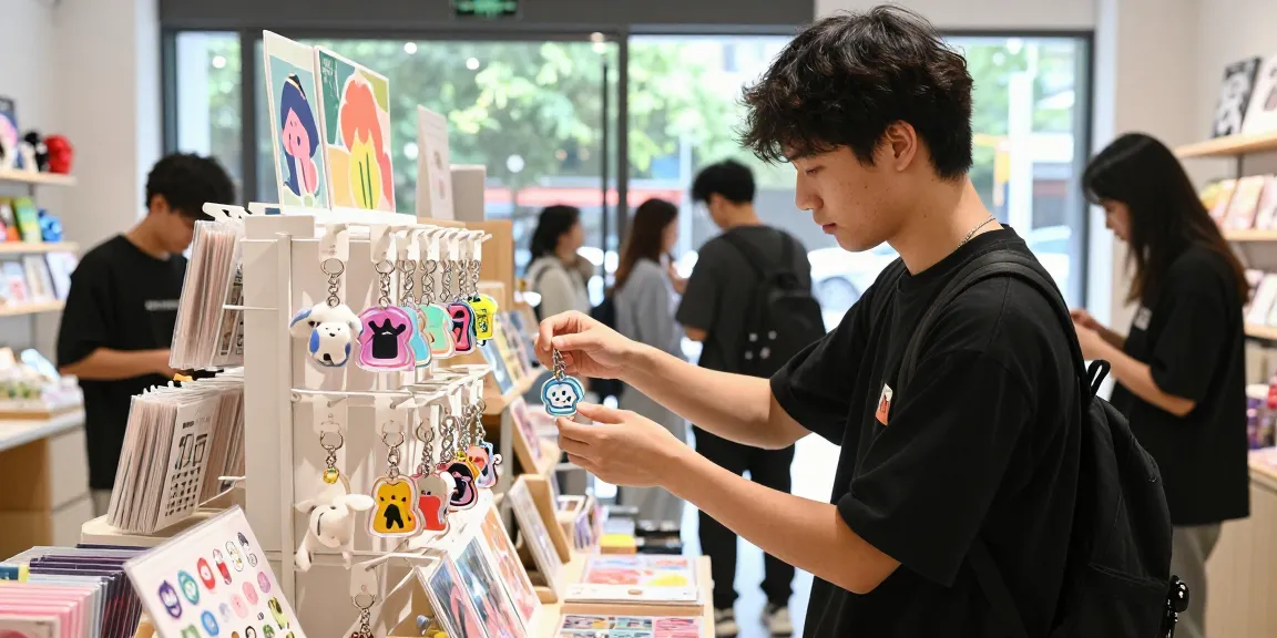 Custom keychains displayed attractively in a vibrant retail setting where customers browse unique products.