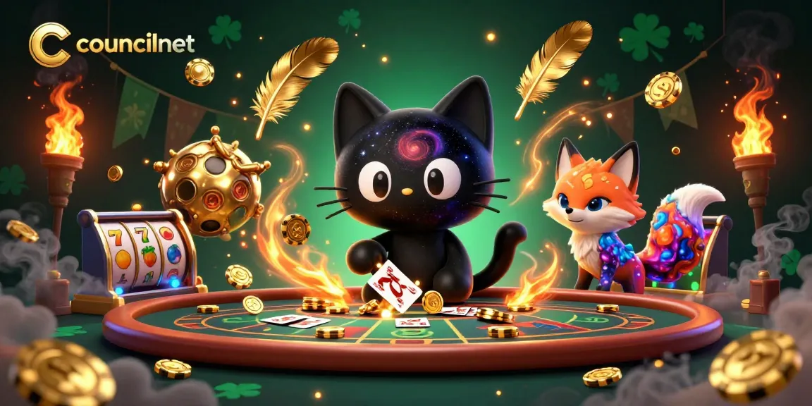 An engaging scene of the black hole cat and nebula fox at a cosmic casino table, showcasing councilnet and vibrant gambling elements.