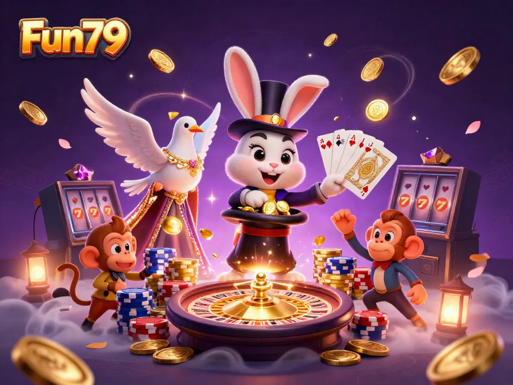 Experience Fun79 with a dynamic 3D scene featuring a magician rabbit, a dove, and a monkey in a vibrant casino setting.