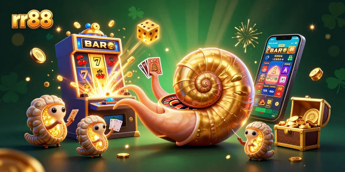 Celebrate with rr88's exciting casino games featuring a vibrant 3D illustration of jackpots and thrilling action.