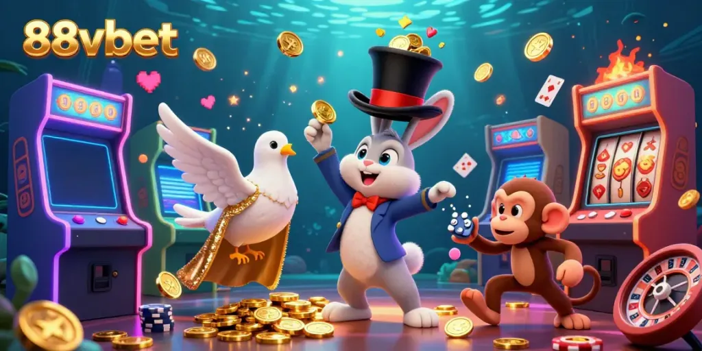 Experience the excitement of 88vbet with a magician rabbit pulling coins, surrounded by vibrant casino elements.