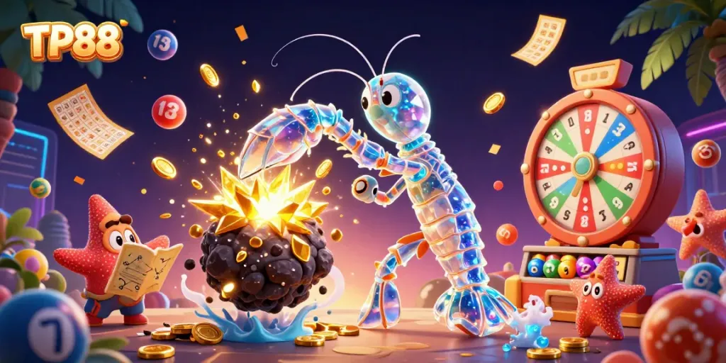 Experience the excitement of TP88 with vibrant 3D gambling-themed art featuring dynamic characters and games.