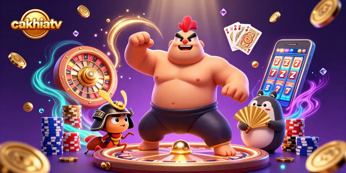 Cakhiatv featuring dynamic cartoon characters, dazzling coins, and rich casino elements in a colorful scene.