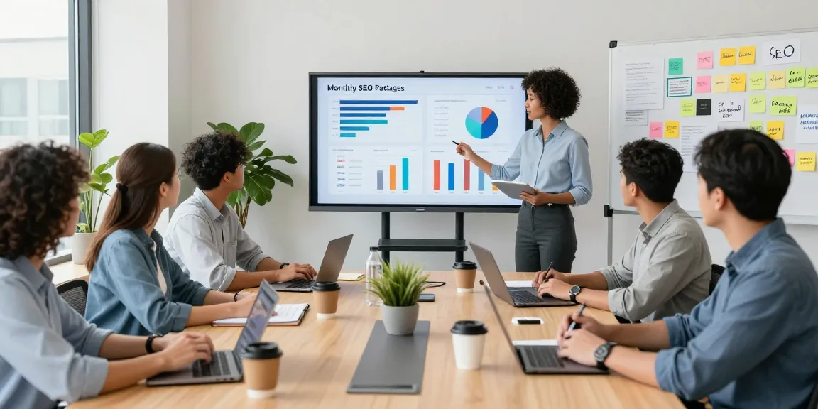 Monthly SEO packages team collaboration in a bright digital marketing office, showcasing strategy presentations and analytics.