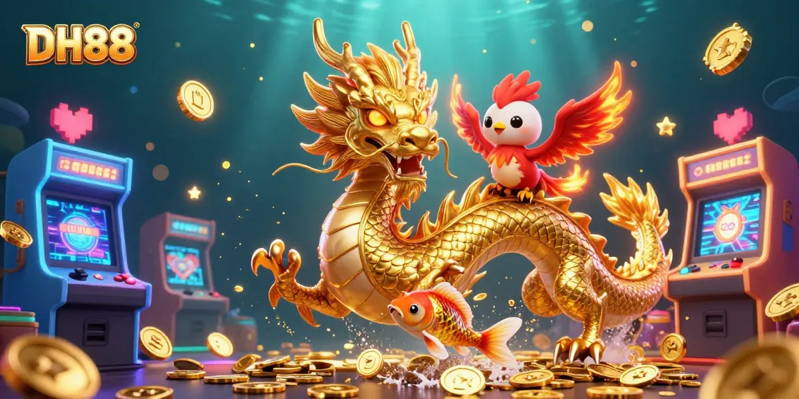Experience thrilling gaming at DH88 with a golden dragon, phoenix, and koi fish amidst vibrant casino visuals.