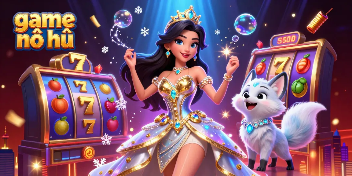 Experience game nổ hũ excitement with a stunning casino illustration featuring vibrant slot reels and playful characters.
