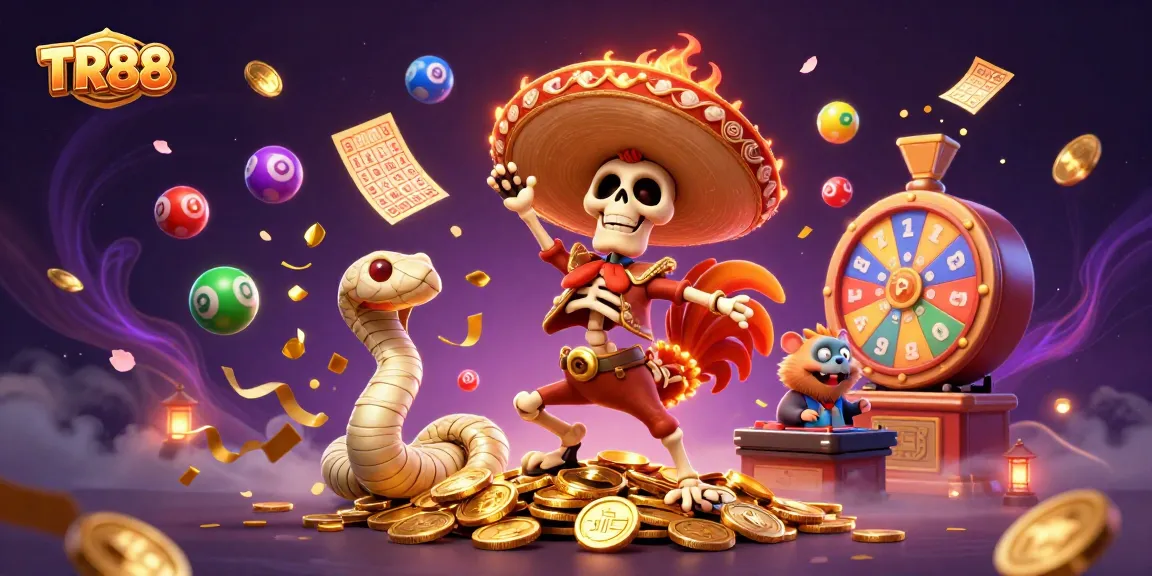 Experience thrilling wins with TR88, featuring a vibrant mariachi rooster and golden coins in a dynamic casino scene.