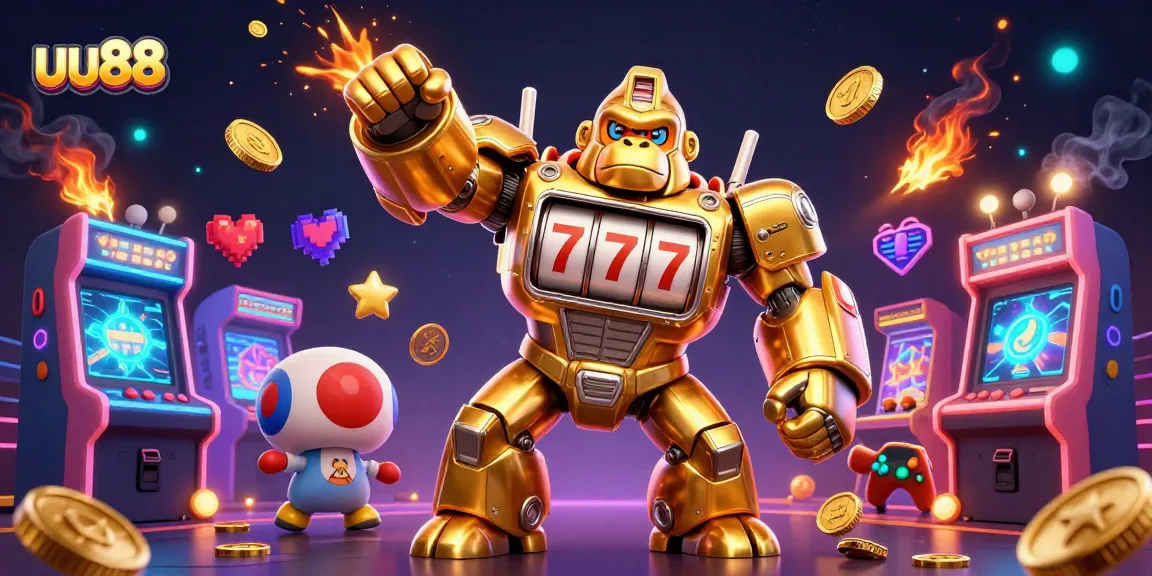 Experience immersive gaming at uu88 with a dynamic 3D illustration of a golden gorilla mech and vibrant arcade elements.