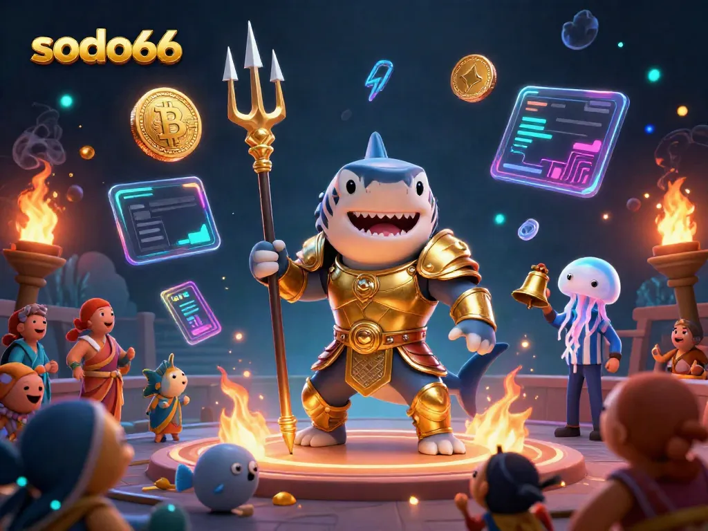 Sodo66 enhances gaming excitement with a vibrant underwater colosseum led by a golden shark warrior.