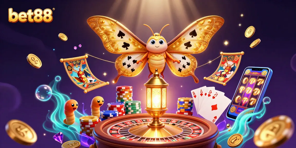 Experience thrilling games at bet88 with a vibrant casino scene showcasing golden elements and playful characters.