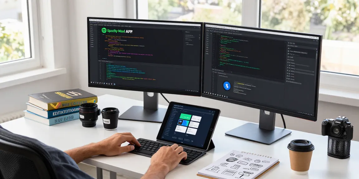 Engaging tech workspace showcasing a developer using Spotify Mod APK, vibrant coding interface, and creative atmosphere.