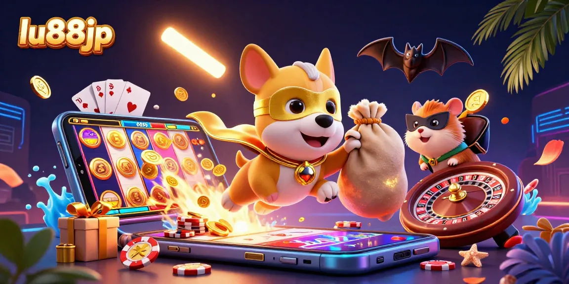 lu88jp casino superhero dog transports gold coins amid vibrant gaming action and excitement