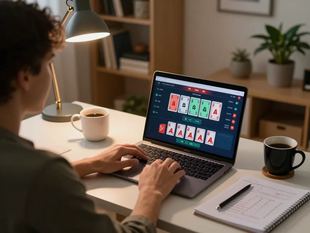 Engaging online blackjack game on uu88 with cards visible on a laptop screen in a cozy home setting
