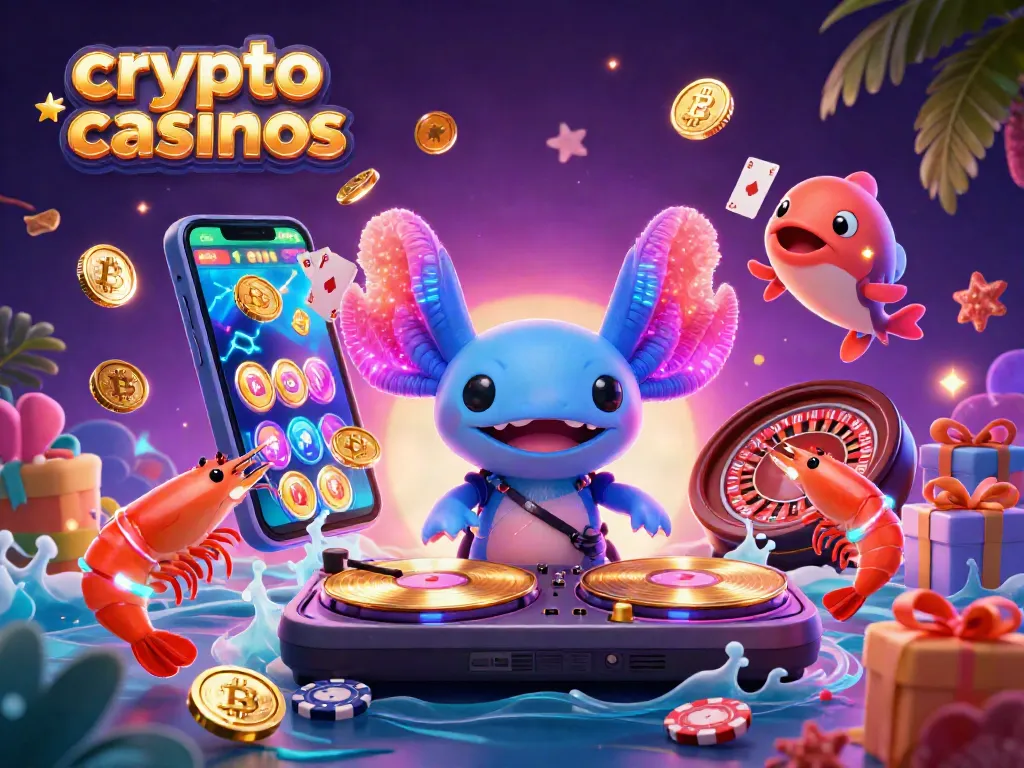 Experience excitement at crypto casinos with a vibrant 3D scene featuring an axolotl DJ and festive games.