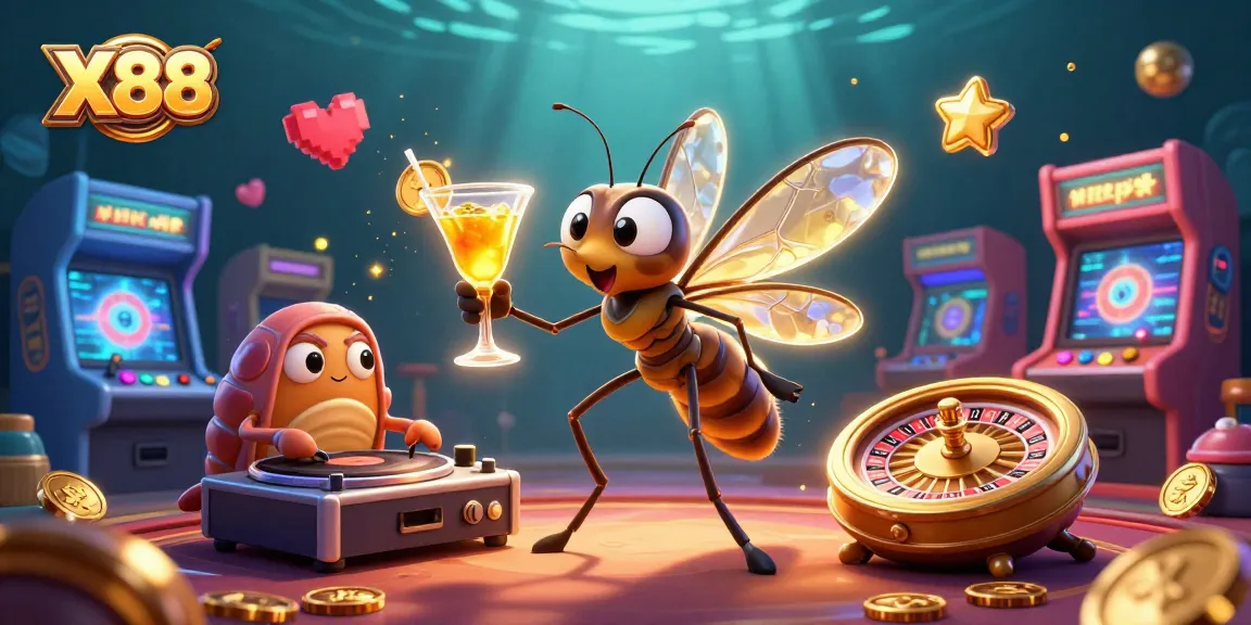 X88 engages players in vibrant casino action, featuring an amber mosquito mascot and playful DJ elements.