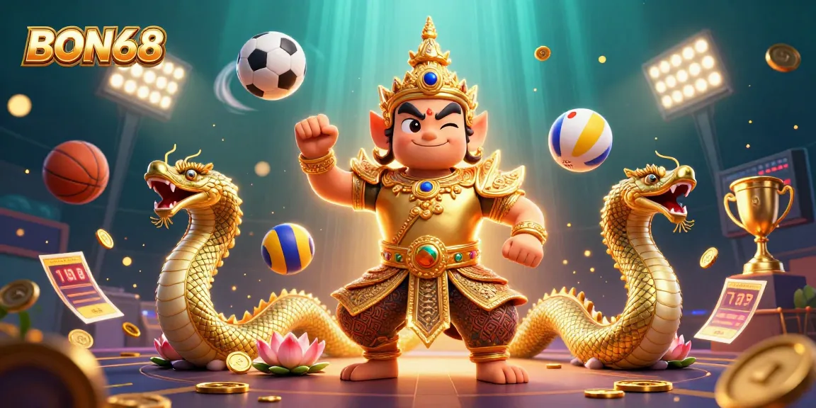 Join the BON68 excitement with sports betting elements in a vibrant and dynamic casino illustration.