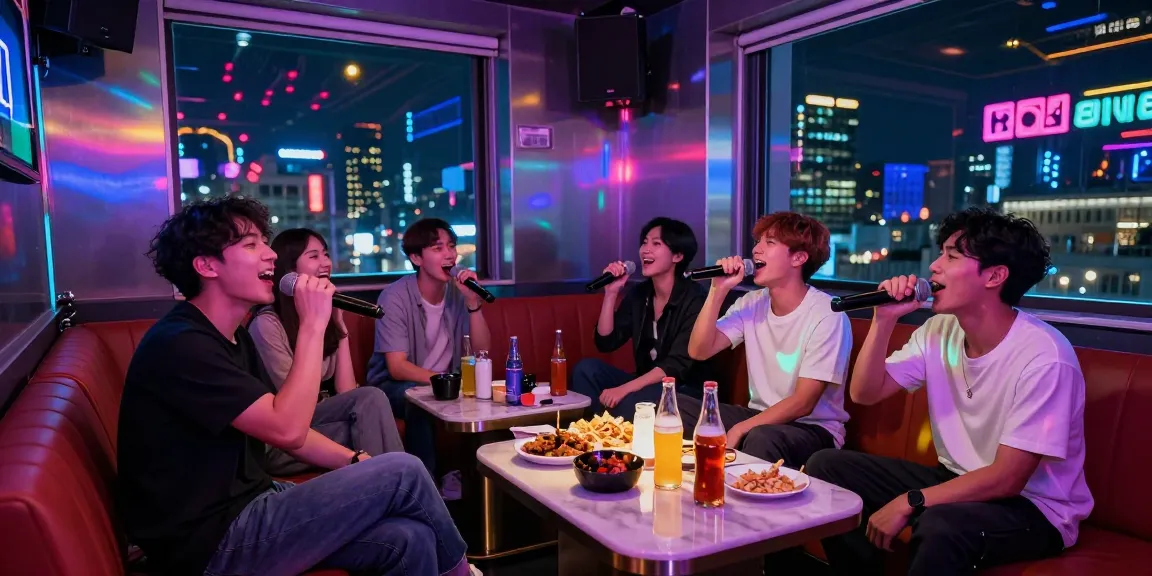 Friends singing at 강남가라오케 in a lively atmosphere with neon lights.