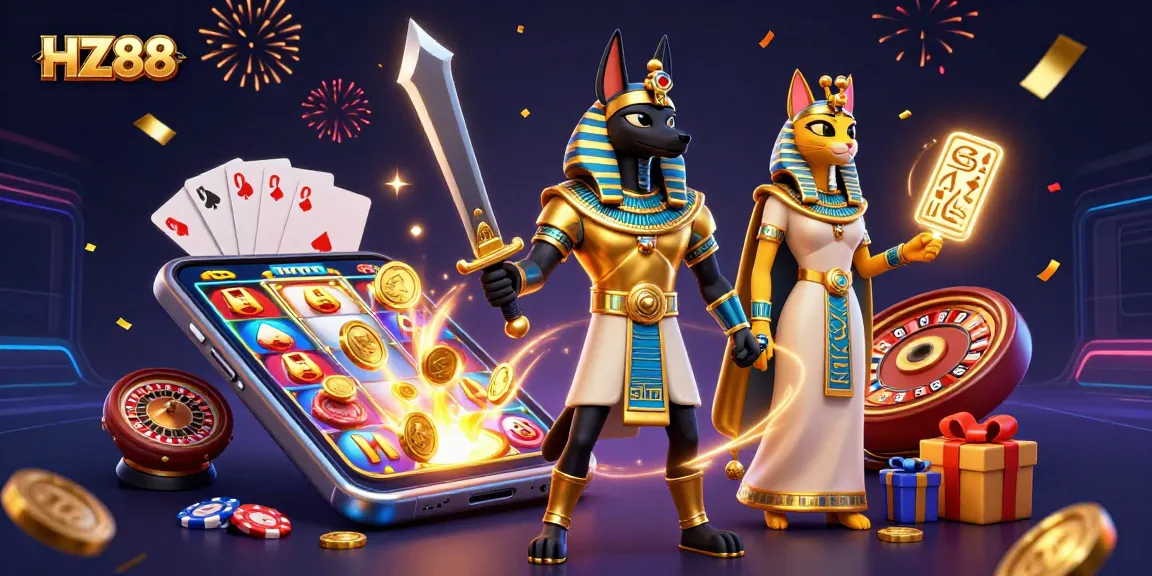 Engage in thrilling gaming at HZ88 with vibrant slot reels, golden coins, and dynamic casino elements.